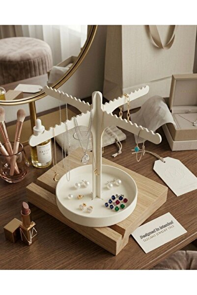 APLUS Jewelry Stand with Tray & Jewelry Organizer - White Modern Necklace Han...