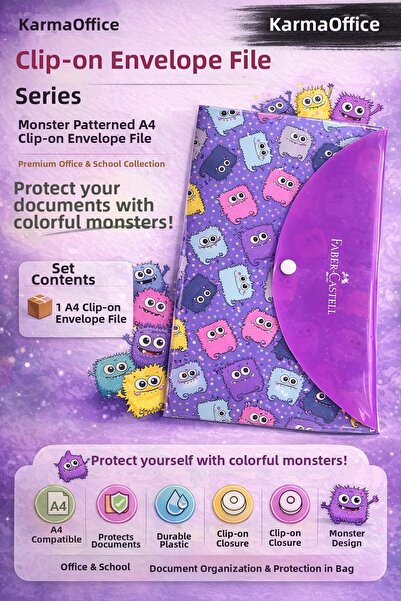 Faber Castell Canavar Patterned A4 Snap Envelope File – 1 Piece - Durable Pla...