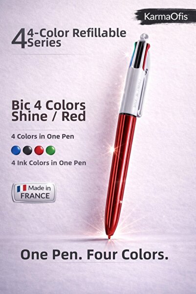 Bic 4 ألوان قلم حبر جاف متعدد الألوان لامع باللون الأحمر