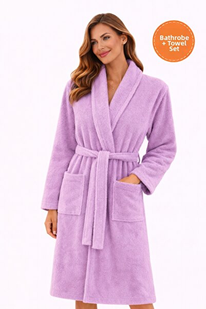 PİAURA Women's Lilac Cotton Piece Towel Bathrobe Set Shawl Collar Soft-Textur...