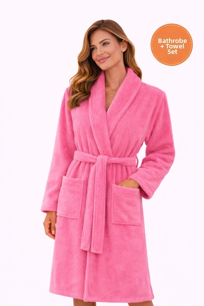PİAURA Women's Fuchsia Cotton Piece Towel Bathrobe Set Shawl Collar Soft-Text...