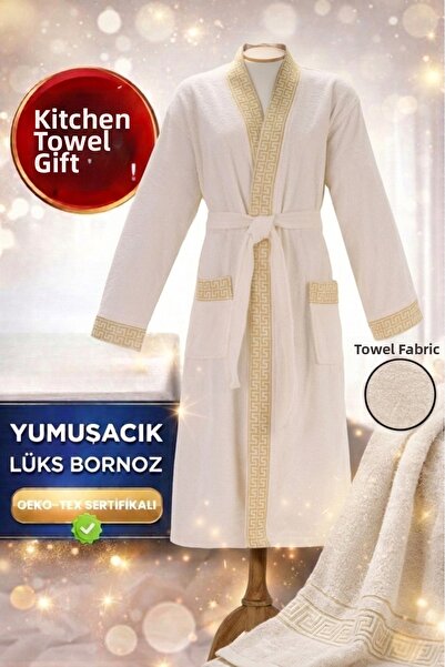 Layvera Men'S-Women's Bathrobe 100% Cotton |   Greek Pattern-Cream-Pocketed-M...