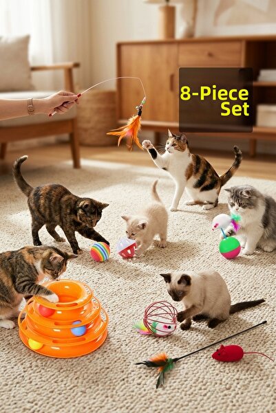 rianka 8-Piece Cat Toy Set Moving Cat Toy Cat Play Stick Fishing Rod Ball Plu...