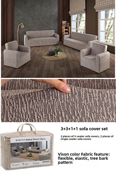 uzhanem طقم غطاء أريكة قطن جاكار مرن 3+3+1+1 - مطاط قابل للتمدد