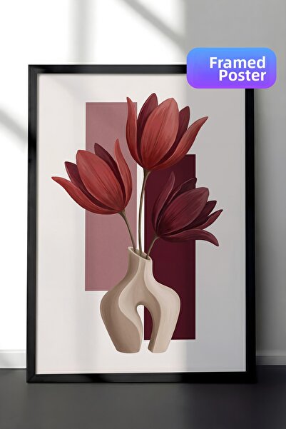 Zestia Pictură murală înrămată în negru, compoziție elegantă de flori burgund...