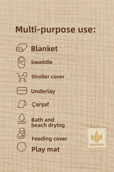 MiniMüslin 100% Cotton Ecru 4 Layer Muslin Tasseled Blanket 115X95Cm Oeko-Tex Certified