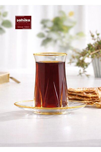 Şahika Kristal cama atılan imza Sahra Gold 12 Piece Tea Set 180 ml