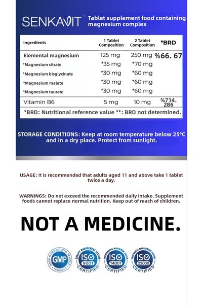 senkavit Magnesium Complex 120 Tablets 250 Mg 4 Forms, Citrate, Taurate, Malate, Bisglycinate, B6
