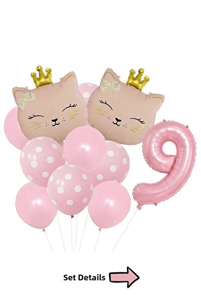 Bunloon Pink Cat Themed 9Th Birthday Foil Balloon Set 11 Pieces