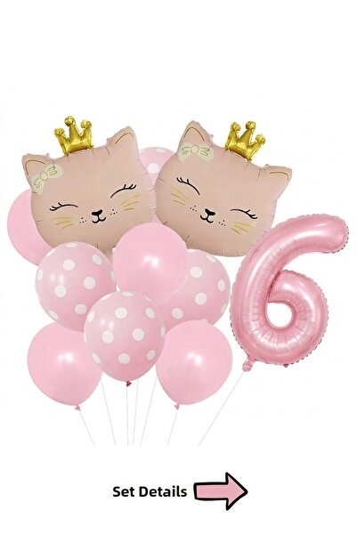 Bunloon Pink Cat Themed 6Th Birthday Foil Balloon Set 11 Pieces