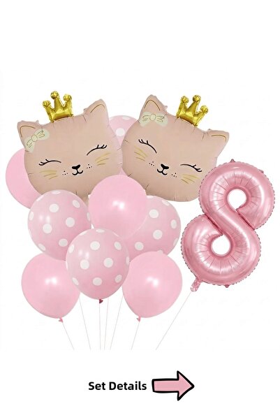 Bunloon Pink Cat Themed 8Th Birthday Foil Balloon Set 11 Pieces