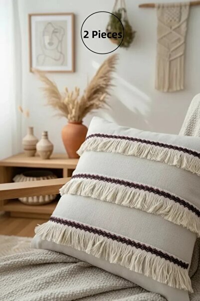 NDC HOME Three Tassels Linen Cream Throw Pillow Cushion Cover (35 x 55)