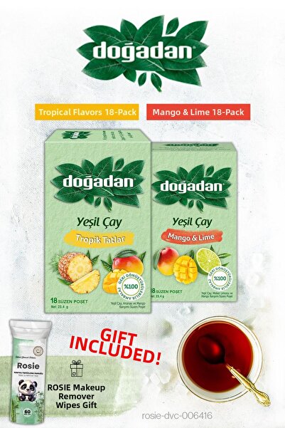 Doğadan نكهات استوائية وشاي أخضر بنكهة المانجو والليمون مع أكياس شاي وهدية روزي