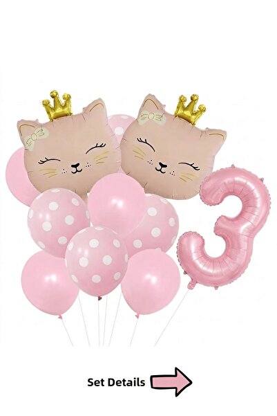 Bunloon Pink Cat Themed 3Rd Birthday Foil Balloon Set 11 Pieces