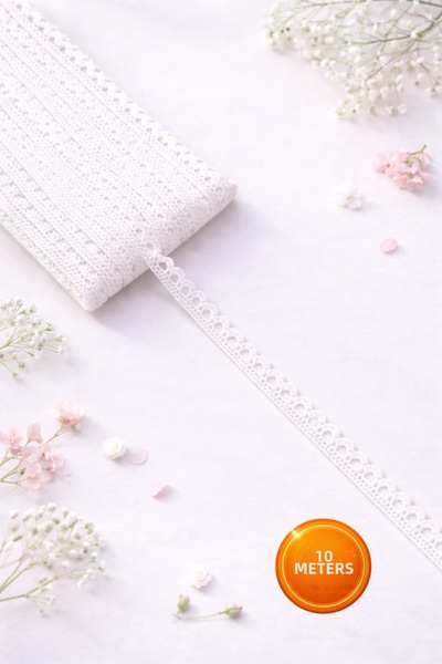 Ak Tuhafiye شريط أبيض بطول قطن دانتيل - كوباناكي بطول 10 أمتار، عرض 0.8 سم رق...