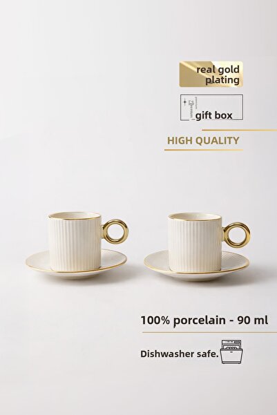 TUSE LIVING Pure Gold 4 Piece Porcelain Coffee Cup Set for 2 People 90 ml