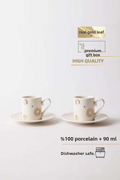 TUSE LIVING Elio Real Gold Gilded Sun Patterned 4 Piece Porcelain Coffee Cup ...