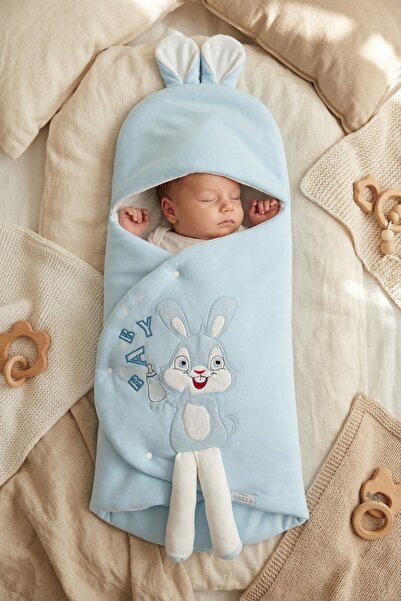 DUBLİNO KİDS Baby Girl/Boy Blanket Swaddle with Rabbit Embroidery and Ears Ne...