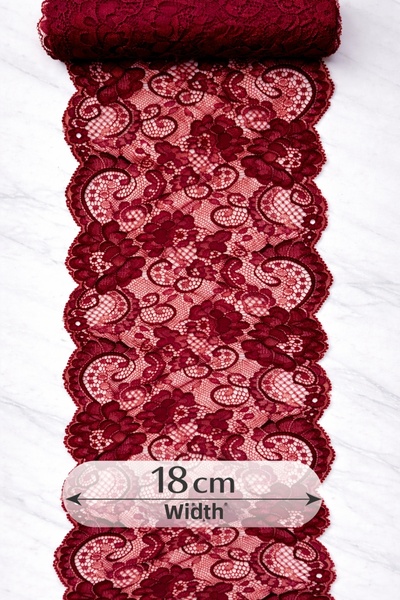Ak Tuhafiye Stretch Fabric Lace 18 cm Width – Burgundy – 5 Meters Stretchy Lace Fabric