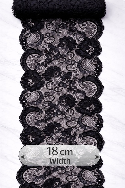 Ak Tuhafiye Stretch Fabric Lace 18 cm Width – Black – 5 Meters Stretchy Lace Fabric