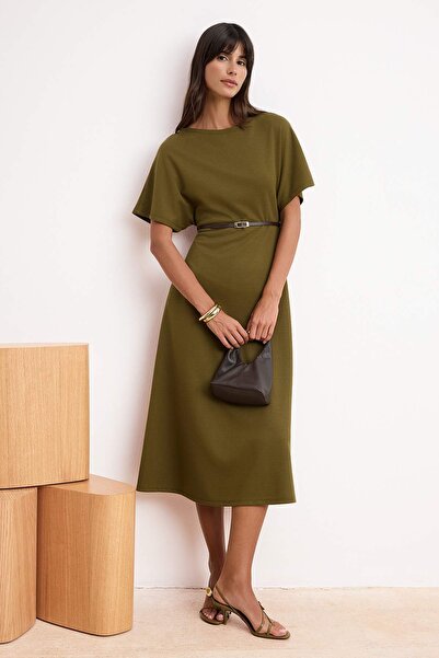 Trendyol Collection Khaki A-Line/A Bell Form Boat Neck Short Sleeve Belted Mi...