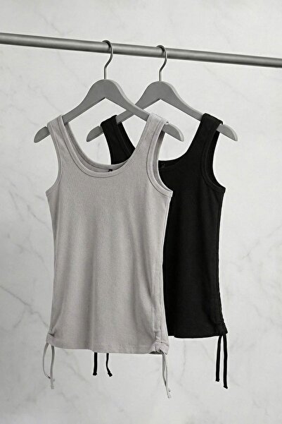 Trendyol Curve Black-Gray 2-Pack Gathered Sides Plus Size Tank Top Tbbss25Cv0...