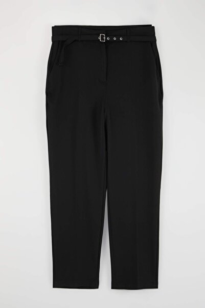 Trendyol Curve Μαύρο υφαντό παντελόνι με λεπτομέρεια δεσίματος σε μεγάλο μέγε...