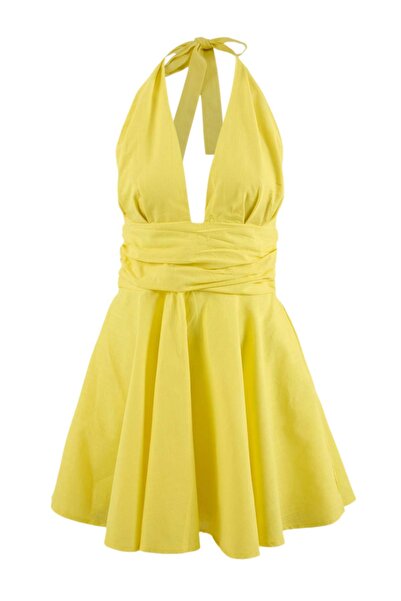 Trendyol Collection Žuta Tkano V-izrez super mini Sa naborima 100% Pamuk halj...