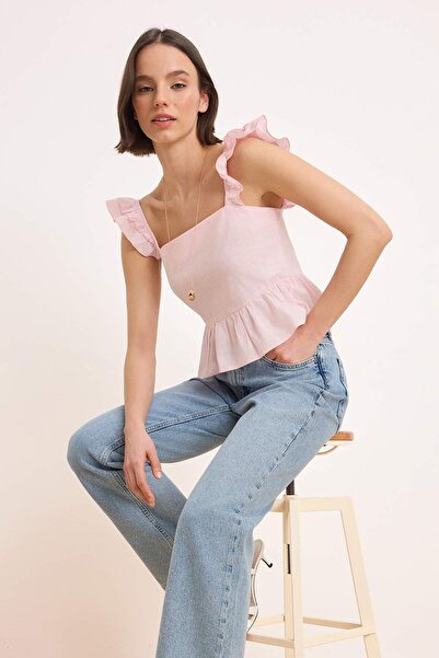 Trendyol Collection Ružičasta bluza sa volanima i remenom na leđima, Pamuk ko...