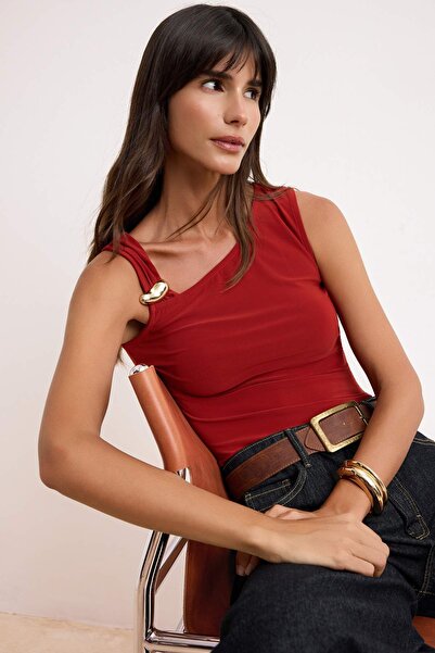 Trendyol Collection Pločica ugrađena asimetrična kragna dodatak detaljna flek...