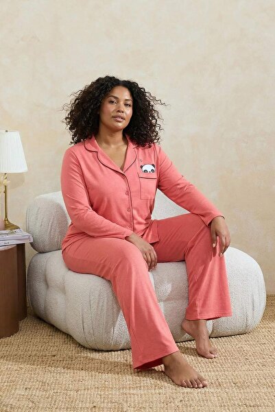 Trendyol Curve Σετ πιτζάμες με στάμπα για γάτα Dusty Rose πουκάμισο TBBAW23AI...