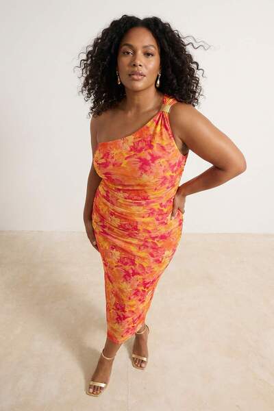 Trendyol Curve Narandžasta uska haljina od tila sa jednim rukavom, fleksibiln...