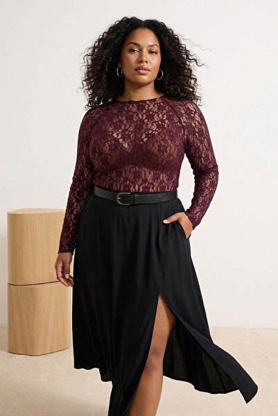 Trendyol Curve Plum crna čipkana pletena bluza veće veličine TBBAW26AF00122