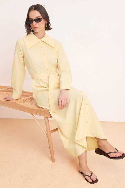 Trendyol Modest Light Yellow Belted Unlined Plain Woven Terrycotton Hijab Dre...