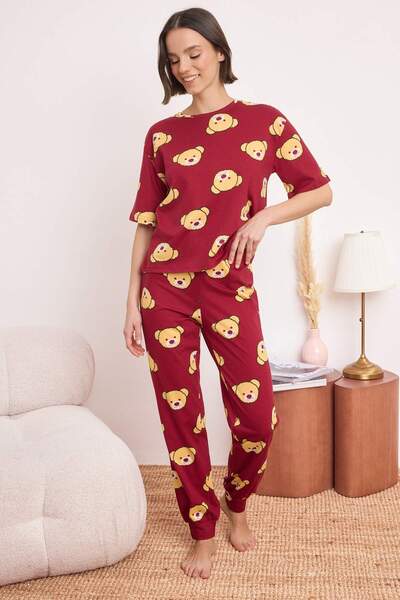 Trendyol Collection Claret Red 100% Cotton Pcs Teddy Bear Print Knitted Pajam...