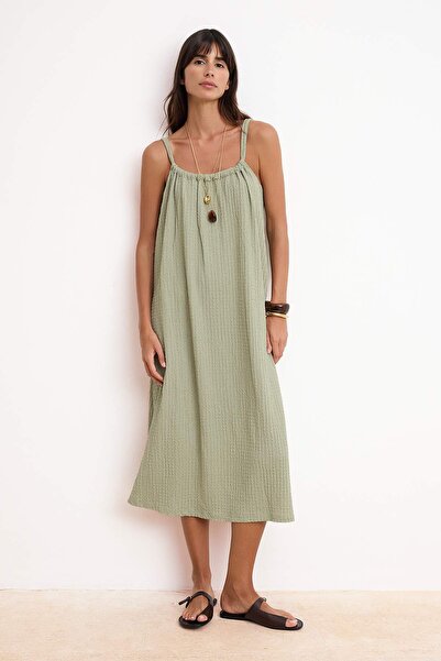 Trendyol Collection Khaki Shift/Solid Pool Collar Sleeveless Belted Textured ...