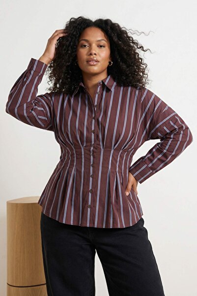 Trendyol Curve Καφέ-Πολύχρωμο ριγέ λύκρα πουκάμισο με υφαντό πλέγμα μεγάλου μ...