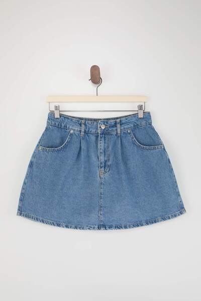 Trendyol Collection Fustă scurtă din denim albastru pentru adolescenți TWOSS2...