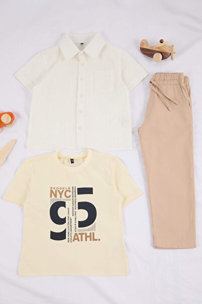 TRENDYOLKIDS Bež trodelni dečački set Pleteno donji - gornji TKDSS26AU00006