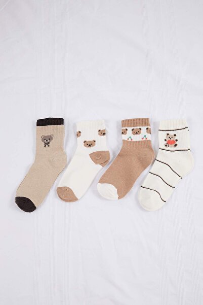 Trendyol Collection Bež-višebojne 4-dijelne životinjske žakard pletene čarape...