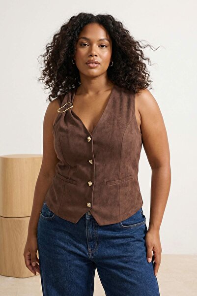 Trendyol Curve Vestă maro din nubuc/de piele intoarsa marime mare cu accesori...
