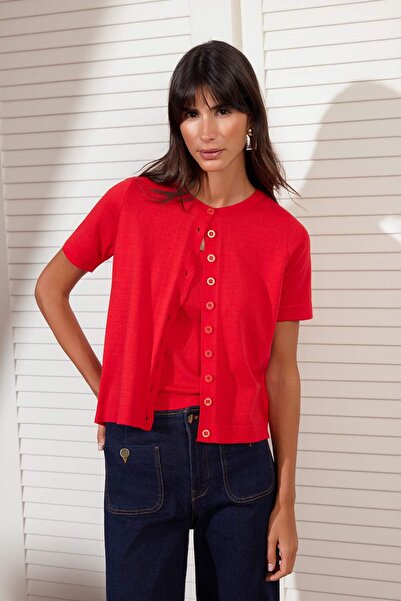 Trendyol Collection Crvena bluza-kardigan sa okruglim izrezom, 2 dela, pleten...