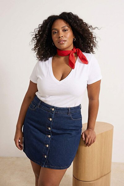 Trendyol Curve Fusta din denim de mărime mare, cu nasturi în față, albastru î...