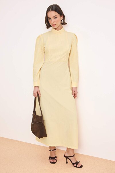 Trendyol Modest Light Yellow Unlined Plain Woven Terrycotton Hijab Dress Tcts...