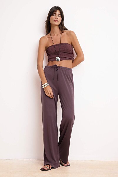 Trendyol Collection Pflaumenfarbene, hoch taillierte, weit geschnittene Modal...