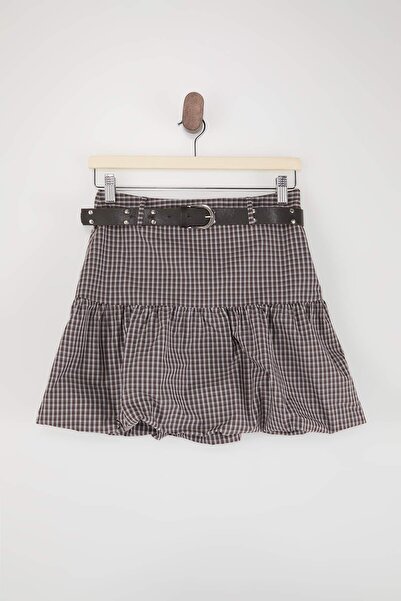 Trendyol Collection Fustă balon mini în carouri maro-multicoloră cu curea TWO...
