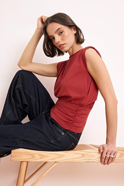 Trendyol Collection Tile Fitted/Sleeveless Gathered Cotton Stretch Knitted Bl...