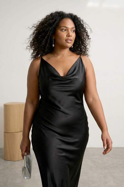 Trendyol Curve Crna satenska haljina velike veličine Tkano TBBAW26AH00083