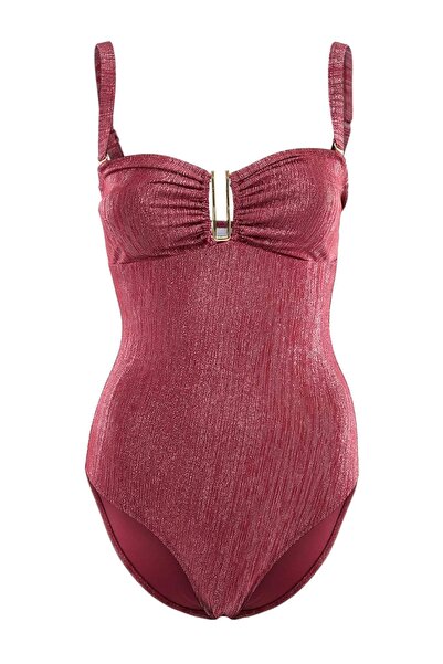 ترينديول كوليكشن ملابس سباحة عادية بدون حمالات مع إكسسوارات لامعة باللون العن...