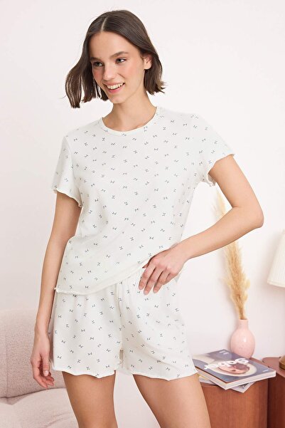 Trendyol Collection White Ribbon Printed Cotton Pcs Stretch Fabric Soft Touch...